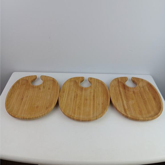 Set of 3 Wood Wine & Dine Plates Wine Mingling Plates With Wine Glass Holder - Picture 2 of 5